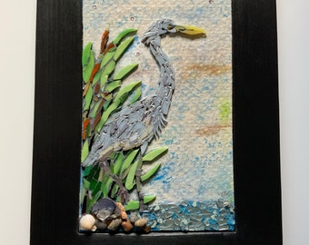 Mosaic Heron Egret Wall Art Louisiana Art Coastal Beach Art Decor Bird Art Mosaic Wall Art Gallery Wall Art