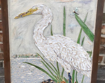 Egret Heron Bird Art Mosaic Wall Decor Louisiana Southern Cajun Coastal Wall Art Mosaic Art