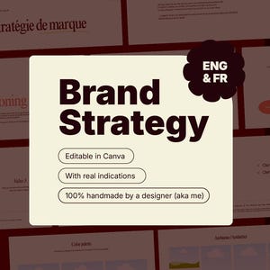 Peut inclure: Une conception numérique intitulée "Brand Strategy" avec du texte en gras et sombre. La conception comprend les phrases "Editable in Canva", "With real indications" et "100% handmade by a designer (aka me)". L'arrière-plan présente d'autres éléments de conception.