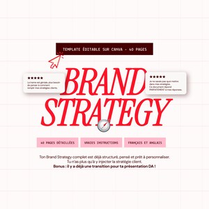 Peut inclure: Un modèle de stratégie de marque numérique de 40 pages, modifiable sur Canva. Le graphique présente le texte rouge BRAND STRATEGY, une icône de curseur, une boussole et deux boîtes d'avis cinq étoiles. Inclut du texte en français sur les instructions.