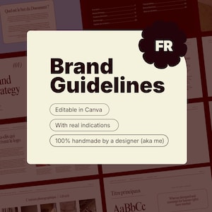 Peut inclure: Mise en page d'un document de directives de marque avec un panneau central crème. Le panneau affiche le titre "Brand Guidelines" en gras noir, ainsi que le texte "Editable in Canva", "With real indications" et "100% handmade by a designer (aka me)".