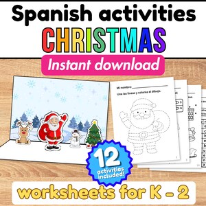 Könnte beinhalten: Spanische Weihnachts-Arbeitsblätter für Schüler der Klassen K-2. Das Bild zeigt eine Pop-up-Szene mit dem Weihnachtsmann, einem Rentier, einem Schneemann und einem Weihnachtsbaum. Der Text lautet "Spanish activities CHRISTMAS Instant download" und "12 activities included!"