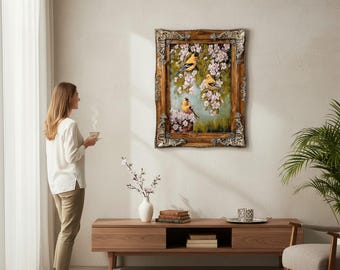 Woven Bird Tapestry, Carved Wood Frame, Personalized Wall Hanging