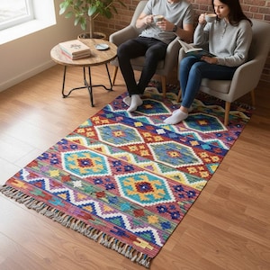 Tapete Kilim autêntico da Anatólia – lã tecida à mão, tingimentos naturais, 4,2 x 2,7 pés