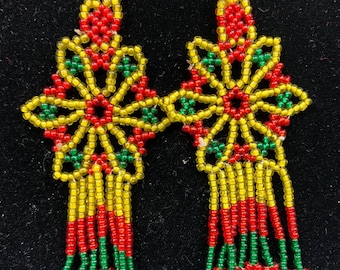 Huichol Beaded Dangle Earring - translucent multicolor beads