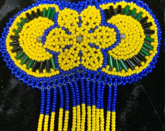 Huichol Beaded Native Style Hair Clip-Blue & Yellow with Flower Design