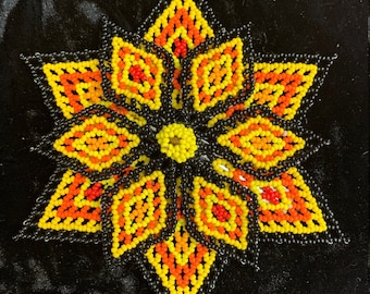 Huichol 3D Large Beaded Flower Barrette -5"x5"x3/4"- orange-yellow-black