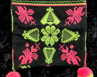Double Woven Huichol Bag - traditional design Pink/Yellow on black