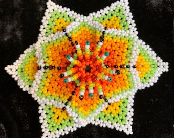 Large Huichol Beaded Flower Barrette -orange-yellow green-white