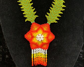 16" Huichol Beaded Necklace -3 dimensional flower design