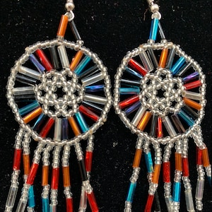 3&quot; Huichol Beaded Dangle Earring - multicolor translucent & silver beads