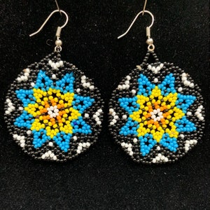 Huichol Beaded Earrings - Traditional Star design -Blue-yellow-black-white