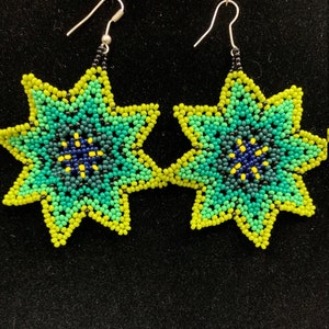 Huichol Beaded Dangle Earrings - Traditional Star/Flower Design in Greens