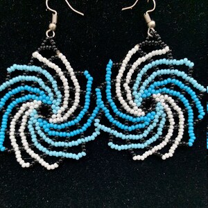 Huichol Beaded Earrings - Spiral Design 2x2&quot; - Blues-white-black beads