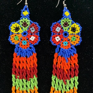 4&quot; Huichol Beaded Earrings -Multicolor Flower Design-double twist fringe