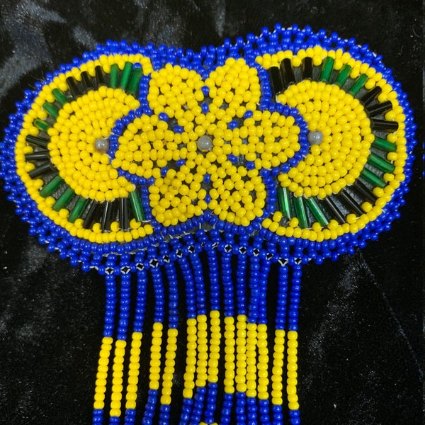 Huichol Beaded Native Style Hair Clip-Blue & Yellow with Flower Design