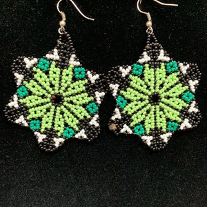 Huichol Beaded Earring in Flower Design - Green-Black- with White accents
