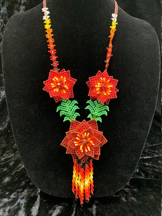 Huichol 3 dimensional beaded flower necklace