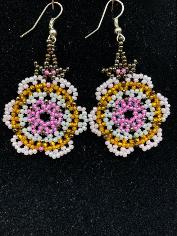 Huichol Beaded Flower Design Dangle Earrings Translucent Beads