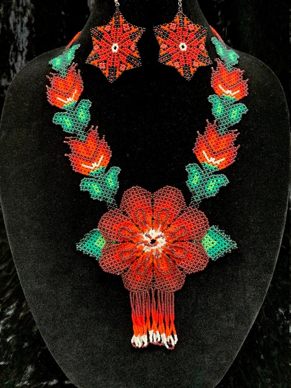 Huichol Beaded Flower Necklace & Earrings Set - image 1