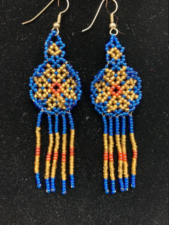 Huichol Beaded Dangle Earrings- -Translucent Blue… - image 1