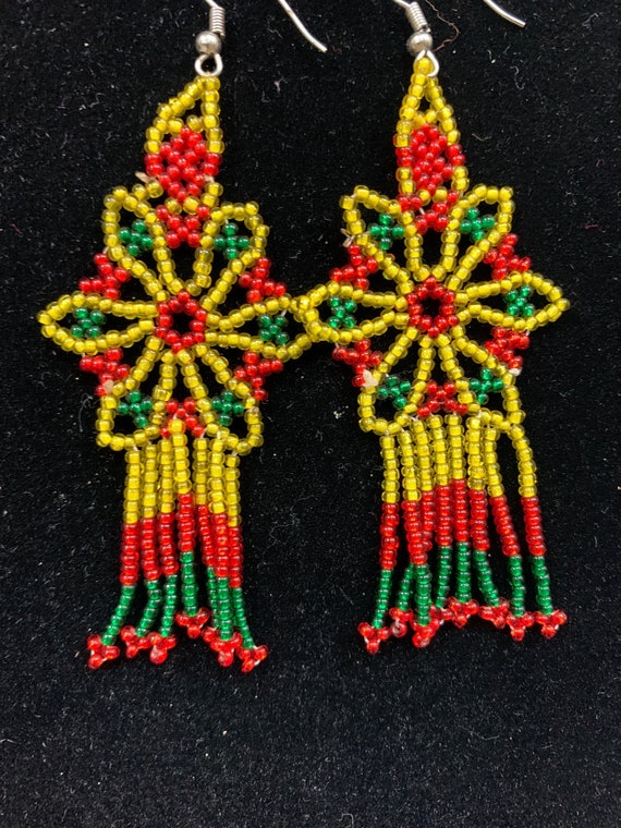 Huichol Beaded Dangle Earring - translucent multi… - image 1