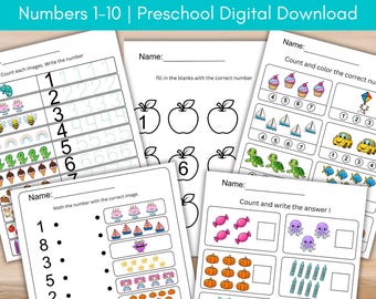 Number Tracing 1-10, Preschool Worksheets, Instant Download Pre-K Handwriting Practice, Kindergarten Learning Numbers, PDF Printable Digital
