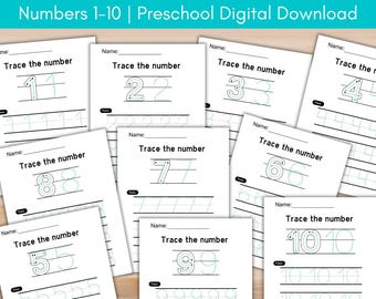 Number Tracing 1-10, Preschool Worksheets, Instant Download Pre-K Handwriting Practice, Kindergarten Learning Numbers, PDF Printable Digital