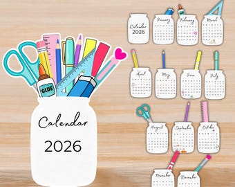 2026 Editable Office Supply Calendar, Digital Printable, Custom PDF, Instant Download, Personalized Calendar for Teachers or Gift Idea