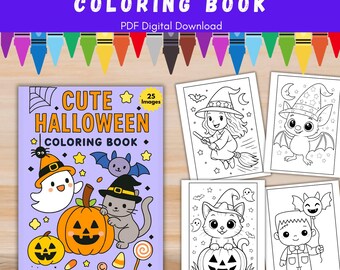 Printable Halloween Coloring Book for kids, 25 digital Coloring PDF Sheet Pages, Instant Download, Trick or Treat Fun