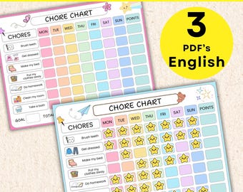 English Kids Chore Chart For Boy and Girl, Instant Printable Download Daily and Weekly Responsibility and Daily Routine