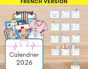 French Nurse Calendar, 2026 Medical Calendar Office Supply Monthly Calendar, Digital Printable, Custom PDF, Instant Personalized Download