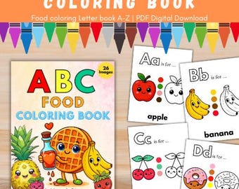 Food Alphabet Coloring Book A-Z, Preschool & Pre-K ABC Coloring pages, Uppercase and Lowercase Letter Reading, Kindergarten Printable