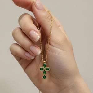 Gold cross birthstone necklace – emerald green 5 stone pendant, religious jewelry gift for women, personalized faith necklace-eh