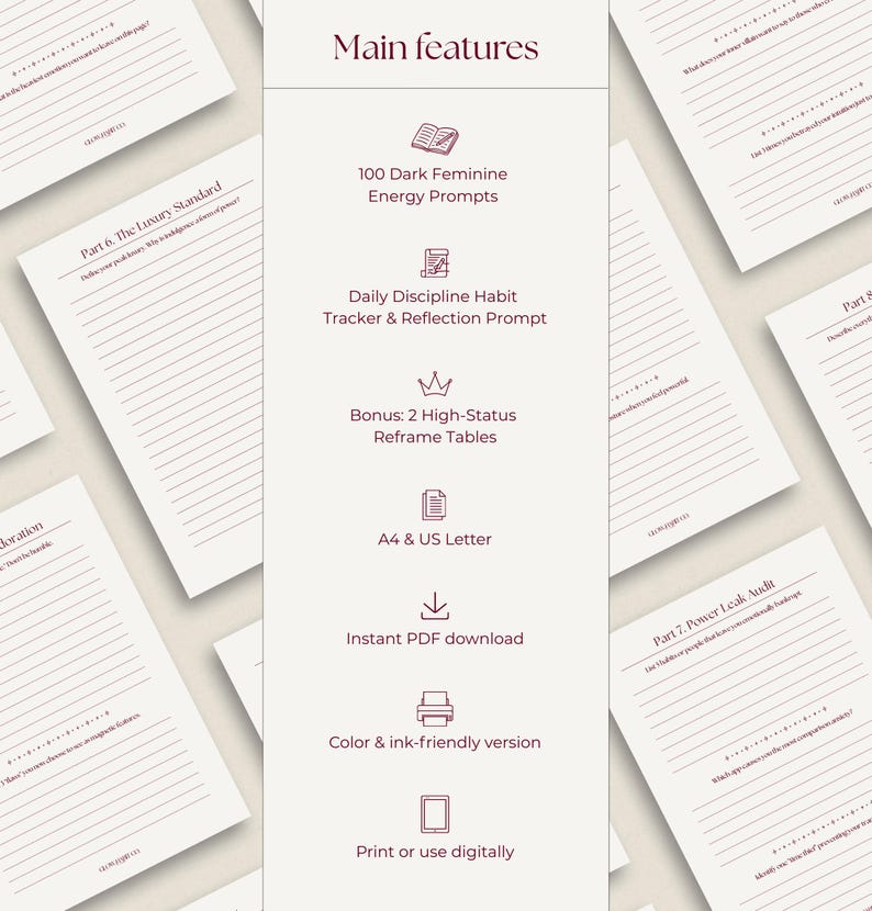 Beige dark feminine guided journal graphic titled “Main features,” showing a vertical list with icons and text highlighting 100 dark feminine energy prompts, a daily discipline habit tracker with reflection prompt, bonus high-status reframe tables, A4 and US Letter sizes, instant PDF download, color and ink-friendly versions, and the option to print or use digitally. The background features scattered journal pages.
