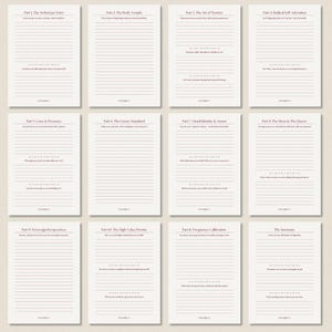 Grid-style image showing multiple beige printable pages from a dark feminine guided journal, each page labeled as a different part of the workbook. The pages feature elegant typography, lined journaling space, and introspective prompts focused on feminine embodiment, shadow work journaling, self-reflection, identity work, and high-value feminine energy. The image represents a printable PDF journal designed for structured inner work and personal transformation.