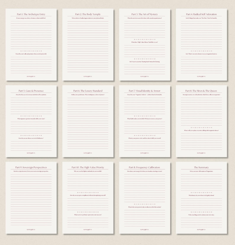 Grid-style image showing multiple beige printable pages from a dark feminine guided journal, each page labeled as a different part of the workbook. The pages feature elegant typography, lined journaling space, and introspective prompts focused on feminine embodiment, shadow work journaling, self-reflection, identity work, and high-value feminine energy. The image represents a printable PDF journal designed for structured inner work and personal transformation.