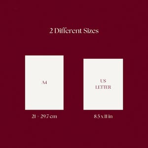 Dark red comparison graphic titled “2 Different Sizes,” showing two beige page mockups labeled A4 and US Letter with dimensions 21 × 29.7 cm and 8.5 × 11 in. The image visually explains the printable guided journal formats, highlighting size options for printing and digital use in a dark feminine aesthetic.