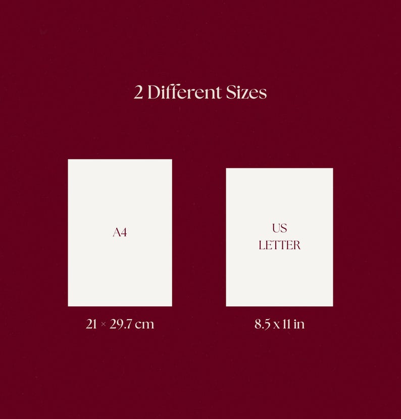 Dark red comparison graphic titled “2 Different Sizes,” showing two beige page mockups labeled A4 and US Letter with dimensions 21 × 29.7 cm and 8.5 × 11 in. The image visually explains the printable guided journal formats, highlighting size options for printing and digital use in a dark feminine aesthetic.