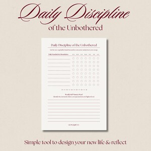 Beige dark feminine habit tracker page titled “Daily Discipline of the Unbothered,” showing a structured layout with daily standards and boundaries checklist for each day of the week and a weekly self-mastery reflection section. The image represents a printable discipline and self-regulation tool designed for feminine embodiment, emotional detachment, self-mastery, and building calm authority through daily habits.