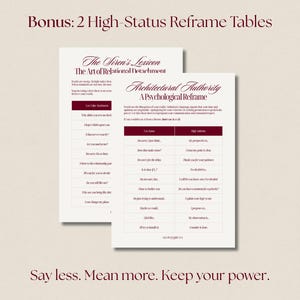 Image showing two beige printable reframe tables titled “The Siren’s Lexicon” and “Architectural Authority,” presenting side-by-side phrase comparisons for relational detachment and high-authority communication. The graphic highlights bonus reframing tools designed to shift people-pleasing language into calm, high-status responses, supporting feminine power, boundaries, and controlled communication.