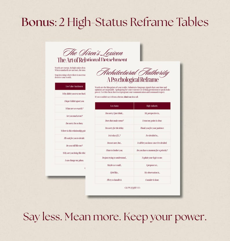 Image showing two beige printable reframe tables titled “The Siren’s Lexicon” and “Architectural Authority,” presenting side-by-side phrase comparisons for relational detachment and high-authority communication. The graphic highlights bonus reframing tools designed to shift people-pleasing language into calm, high-status responses, supporting feminine power, boundaries, and controlled communication.