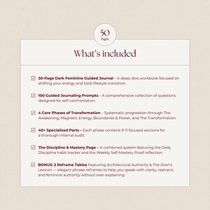 Beige “What’s included” graphic for a dark feminine guided journal showing a checklist of features, including a 50-page guided journal, 100 journaling prompts, 4 core phases of transformation, habit tracking pages, and bonus reframing tables. The image highlights a structured feminine workbook designed for shadow work, emotional regulation, self-mastery, manifestation-style reflection, and high-value feminine embodiment.