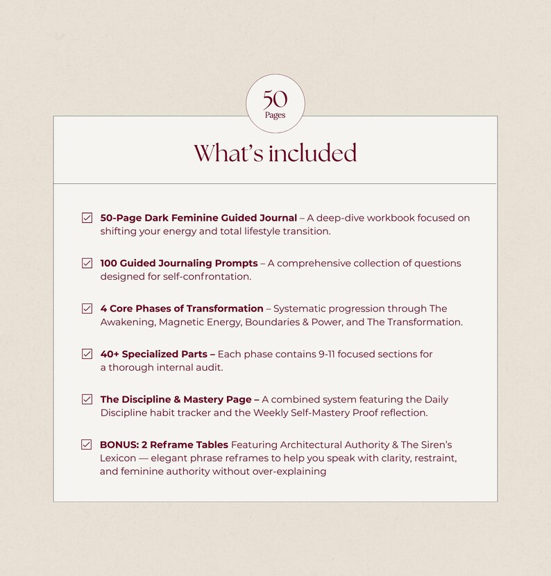 Beige “What’s included” graphic for a dark feminine guided journal showing a checklist of features, including a 50-page guided journal, 100 journaling prompts, 4 core phases of transformation, habit tracking pages, and bonus reframing tables. The image highlights a structured feminine workbook designed for shadow work, emotional regulation, self-mastery, manifestation-style reflection, and high-value feminine embodiment.