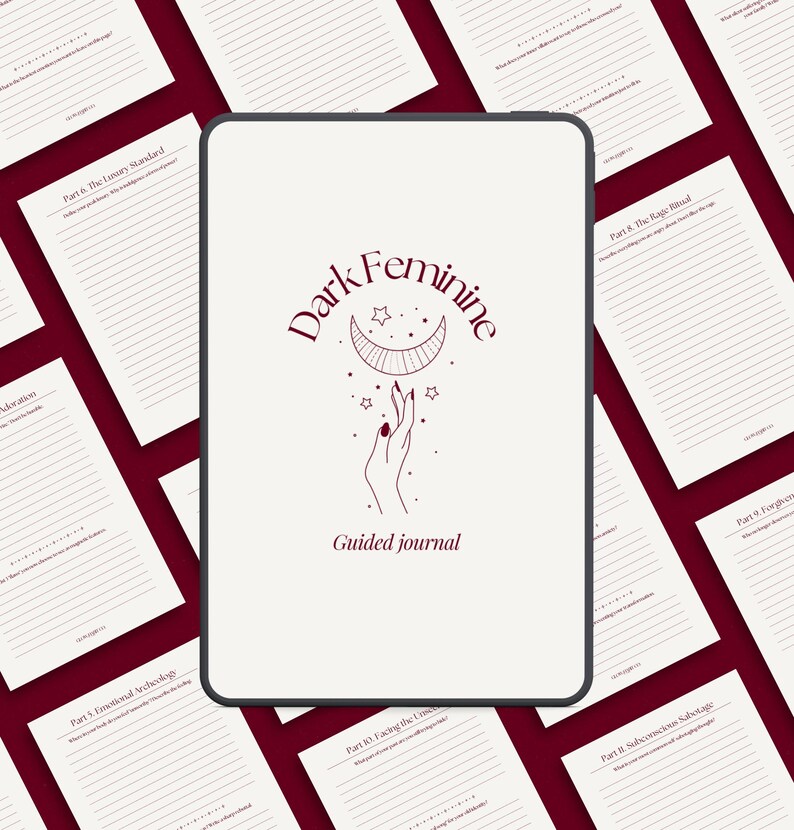 Dark feminine guided journal image featuring a tablet mockup with the journal cover displayed in the center, surrounded by multiple beige printable journaling pages on a deep red background. The graphic represents a digital and printable guided journal PDF focused on shadow work journaling, feminine embodiment, identity work, and structured self-reflection prompts designed for personal transformation.
