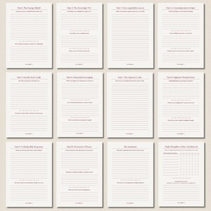 Grid-style image showing multiple beige printable pages from a dark feminine guided journal, each page labeled as a different part of the workbook. The pages feature elegant typography, lined journaling space, and introspective prompts focused on feminine embodiment, shadow work journaling, self-reflection, identity work, and high-value feminine energy. The image represents a printable PDF journal designed for structured inner work and personal transformation.