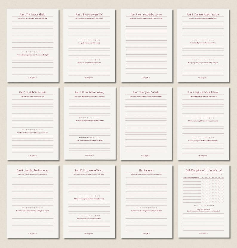 Grid-style image showing multiple beige printable pages from a dark feminine guided journal, each page labeled as a different part of the workbook. The pages feature elegant typography, lined journaling space, and introspective prompts focused on feminine embodiment, shadow work journaling, self-reflection, identity work, and high-value feminine energy. The image represents a printable PDF journal designed for structured inner work and personal transformation.