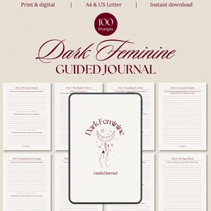 Beige dark feminine guided journal thumbnail showing elegant script typography, a “100 prompts” badge, and multiple printable journal pages arranged around a tablet mockup. The image represents dark feminine energy, feminine embodiment, shadow work journaling, and self-reflection prompts. The journal is shown as an instant download PDF in A4 size, designed as a feminine workbook for manifestation, self-love, emotional detachment, and quietly becoming a high-value woman.