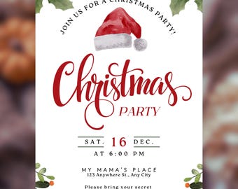 May include: A Christmas party invitation with a watercolor Santa hat illustration. The invitation features the words "Christmas Party" in a decorative red font, along with event details and a request to bring a secret Santa gift.