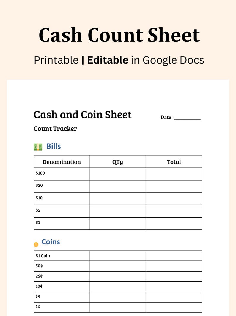 Printable Cash Count Sheet Template: Daily Tracking Log (digital ...